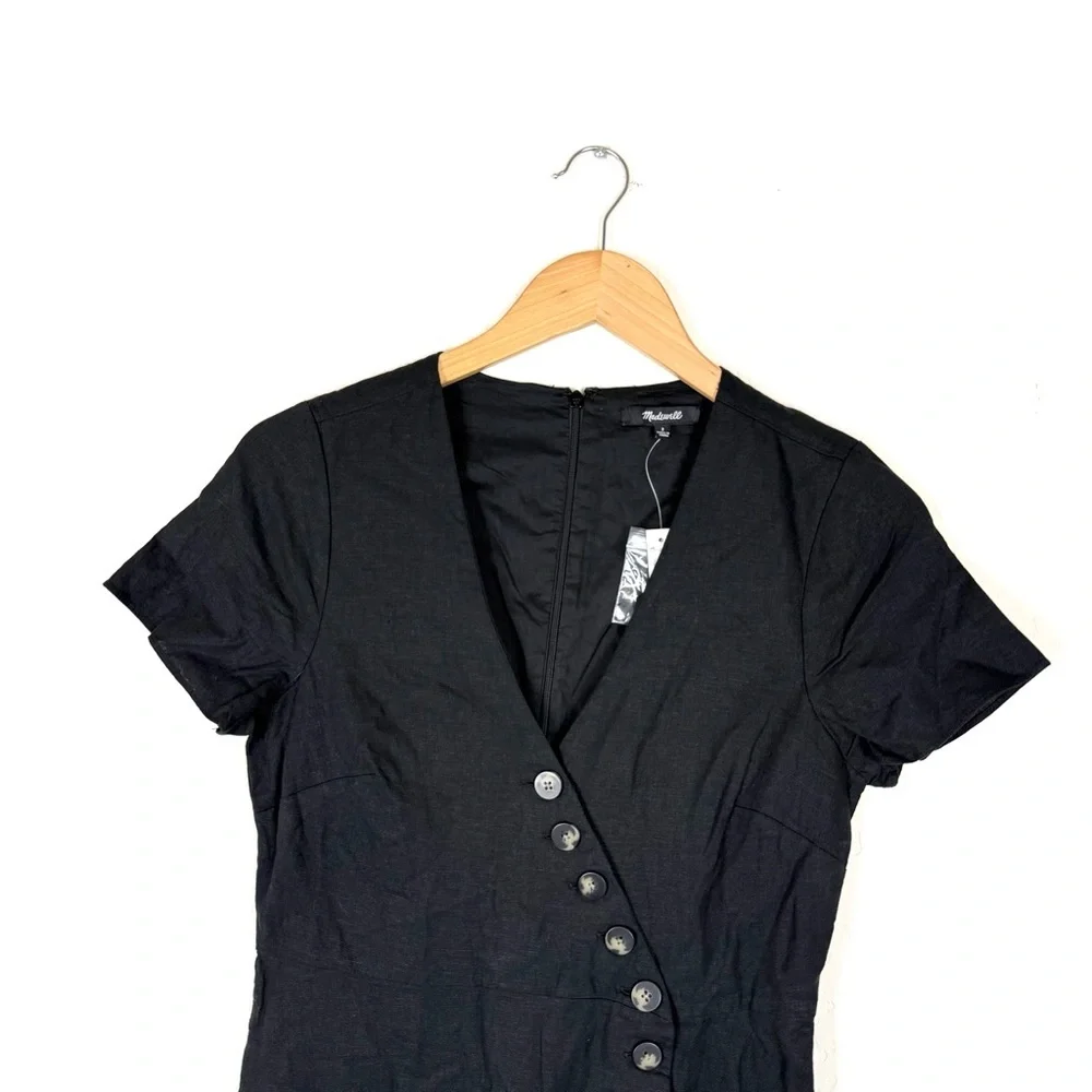 Madewell Linen-blend button-wrap midi dress in Black - Picture 6 of 12